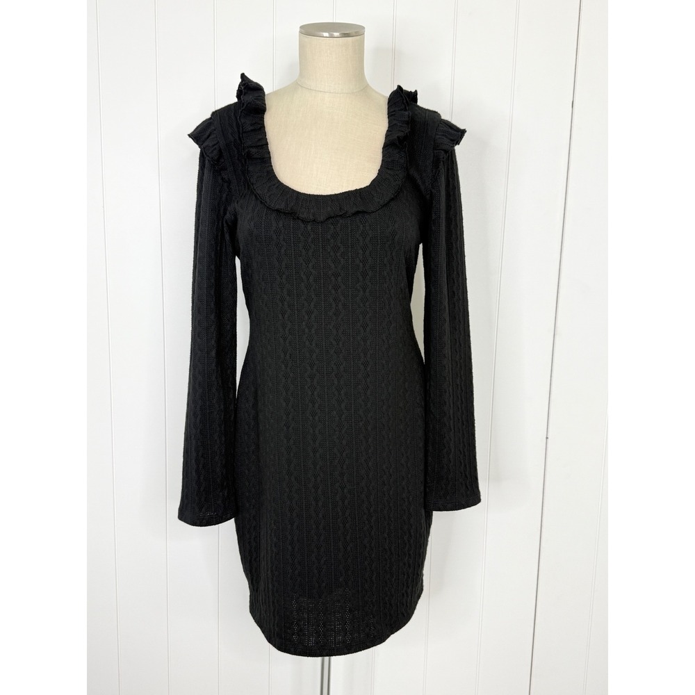 19 Cooper Ruffle Neck Pointelle Knit Dress NWT Women Lg Black Long Sleeve Mini